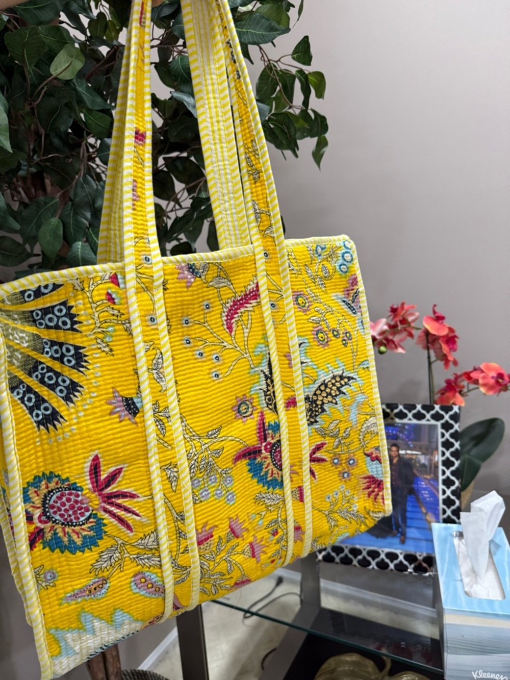 Yellow Floral Quilted Tote Bag